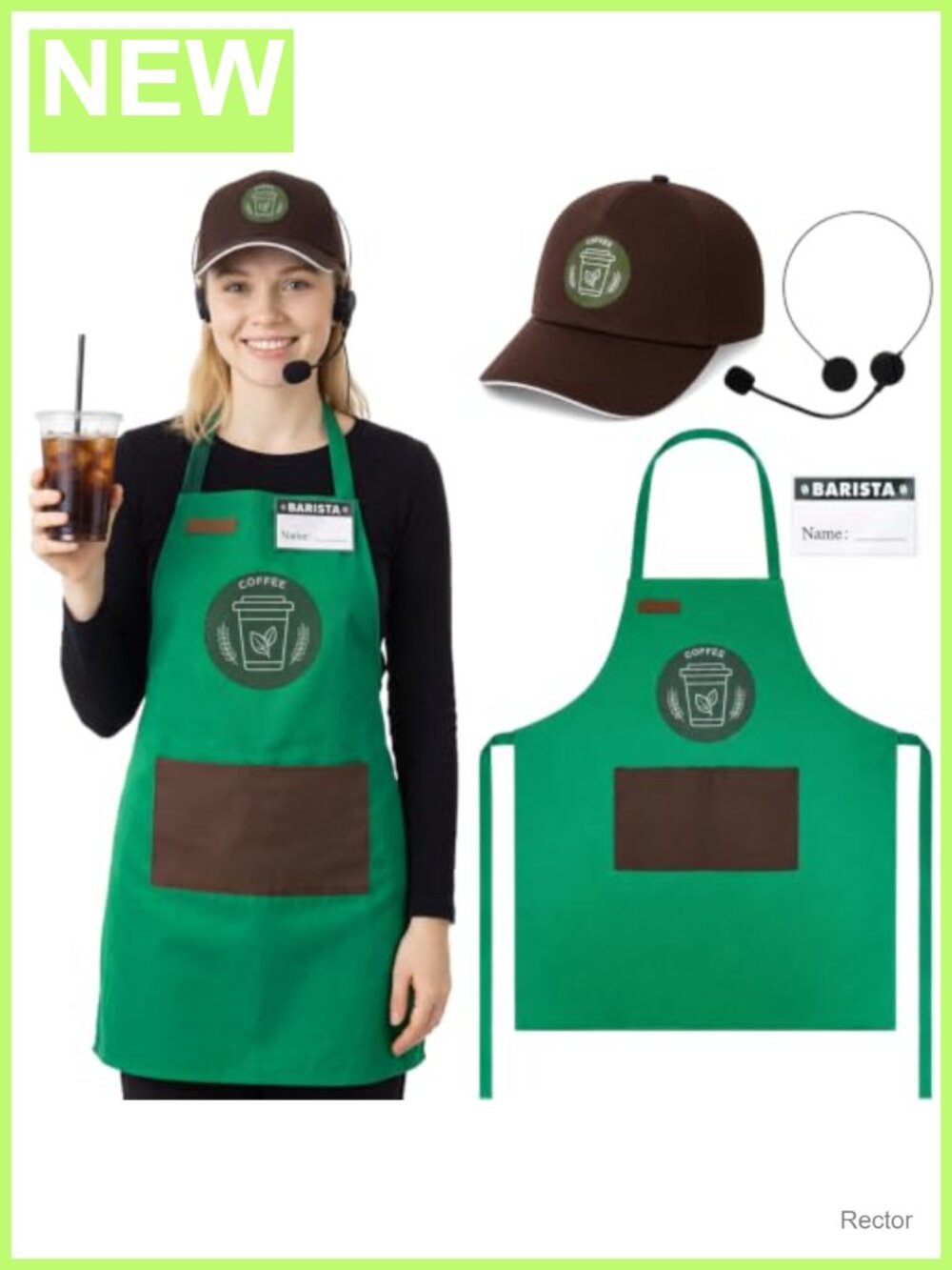 Adult Barista Costume Set Apron Hat Headset Name Tag